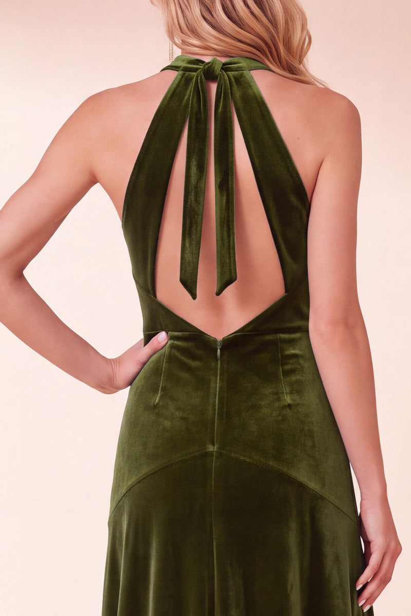 Laden Sie das Bild in den Galerie-Viewer, Schwarzes Samt A-Linie Halter Langes Festkleid zur Weihnachtsparty