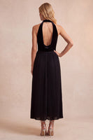 Laden Sie das Bild in den Galerie-Viewer, Schwarzes A-Linie Samt Halter Plissiertes Midi Weihnachtspartykleid mit Taschen