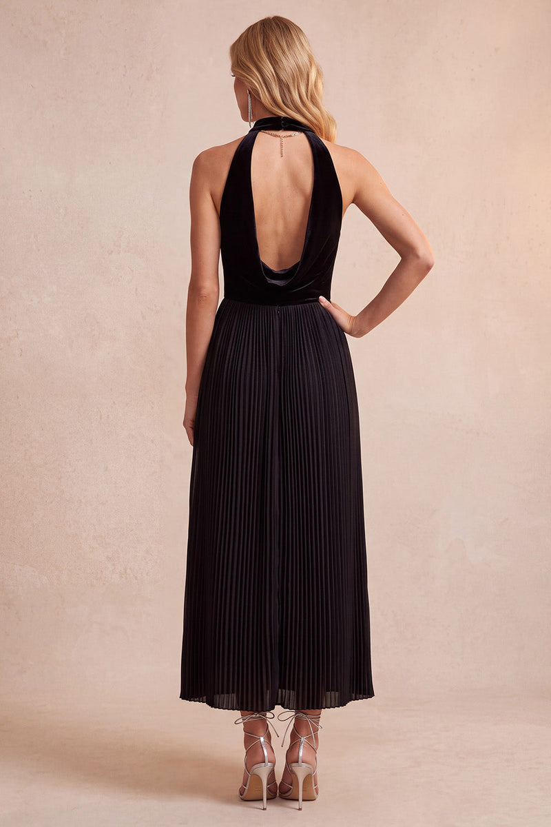 Laden Sie das Bild in den Galerie-Viewer, Schwarzes A-Linie Samt Halter Plissiertes Midi Weihnachtspartykleid mit Taschen