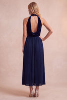 Laden Sie das Bild in den Galerie-Viewer, Schwarzes A-Linie Samt Halter Plissiertes Midi Weihnachtspartykleid mit Taschen
