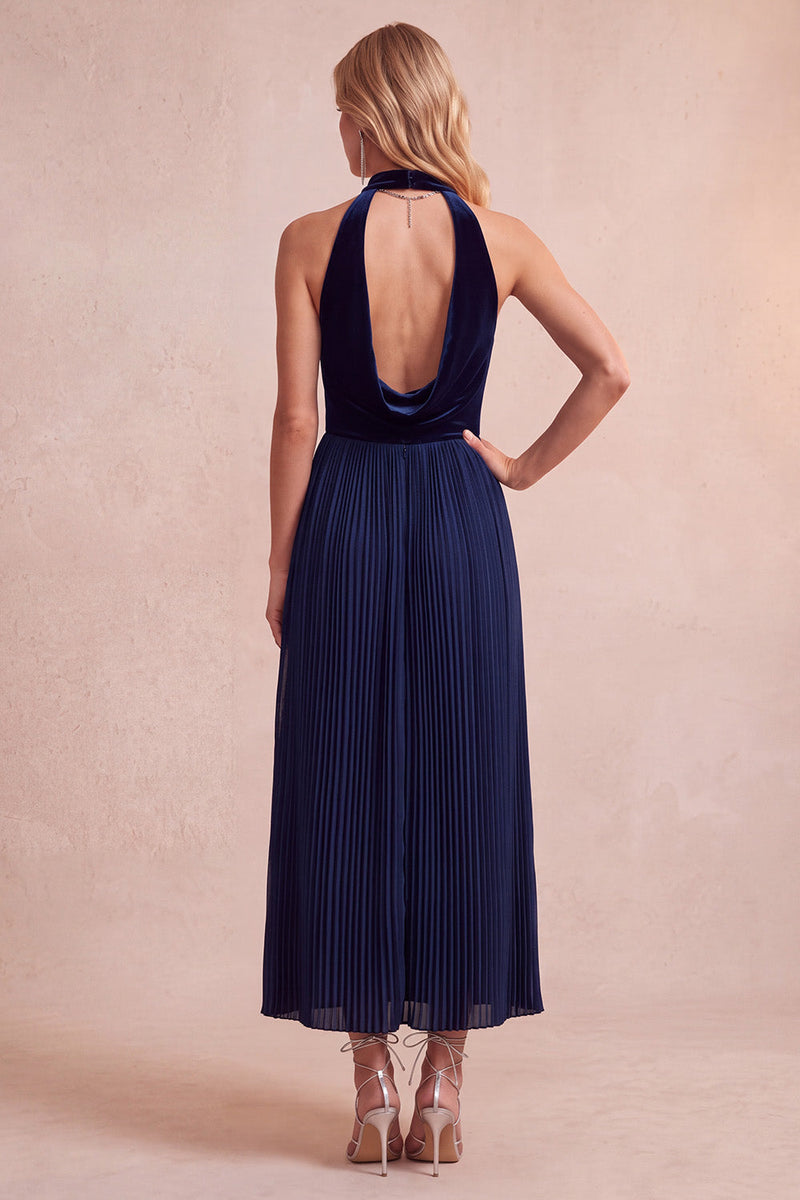 Laden Sie das Bild in den Galerie-Viewer, Schwarzes A-Linie Samt Halter Plissiertes Midi Weihnachtspartykleid mit Taschen