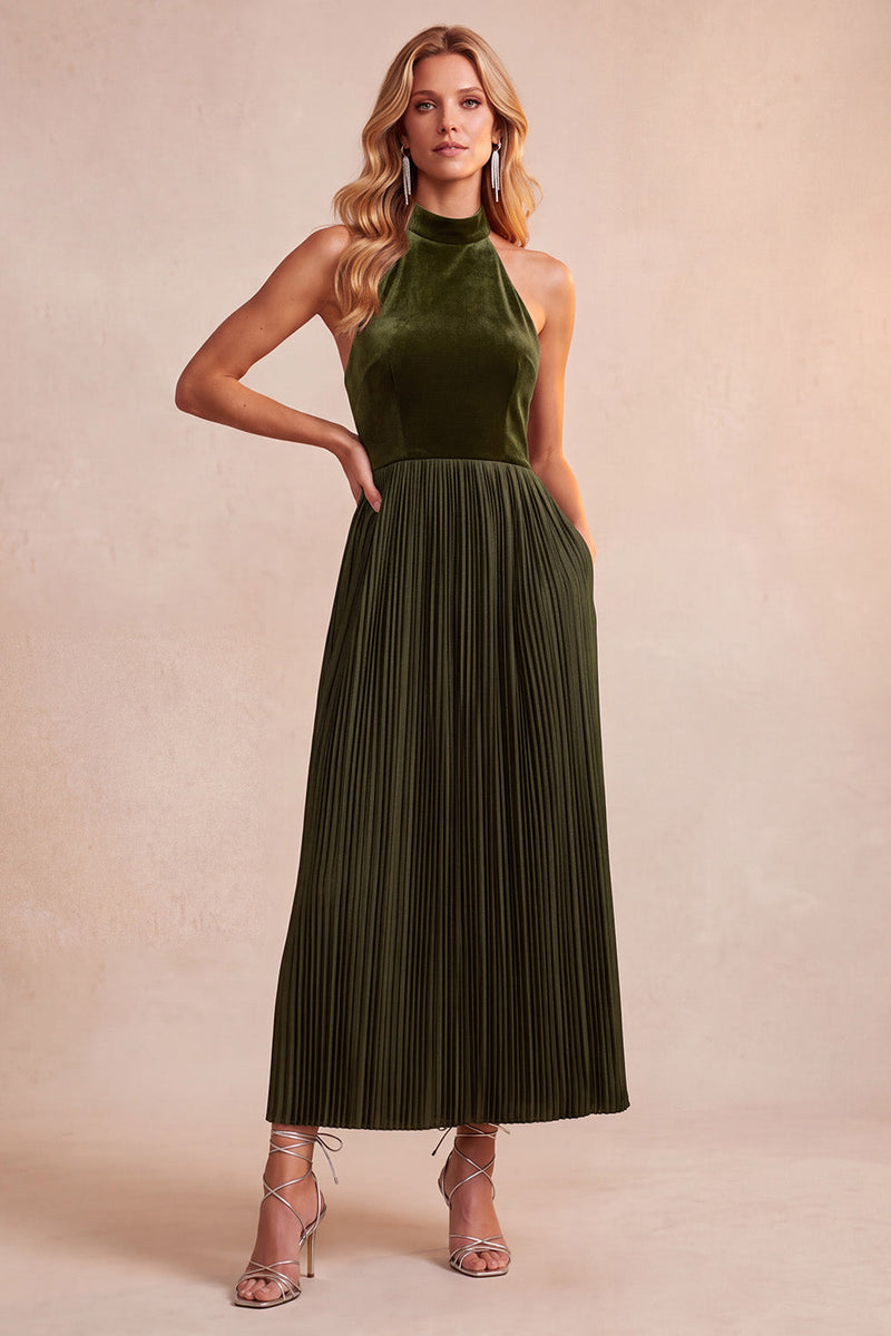 Laden Sie das Bild in den Galerie-Viewer, Schwarzes A-Linie Samt Halter Plissiertes Midi Weihnachtspartykleid mit Taschen