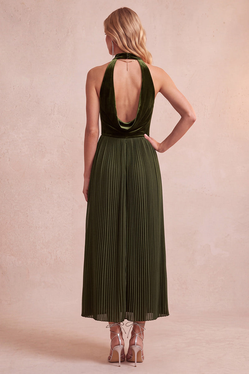 Laden Sie das Bild in den Galerie-Viewer, Schwarzes A-Linie Samt Halter Plissiertes Midi Weihnachtspartykleid mit Taschen