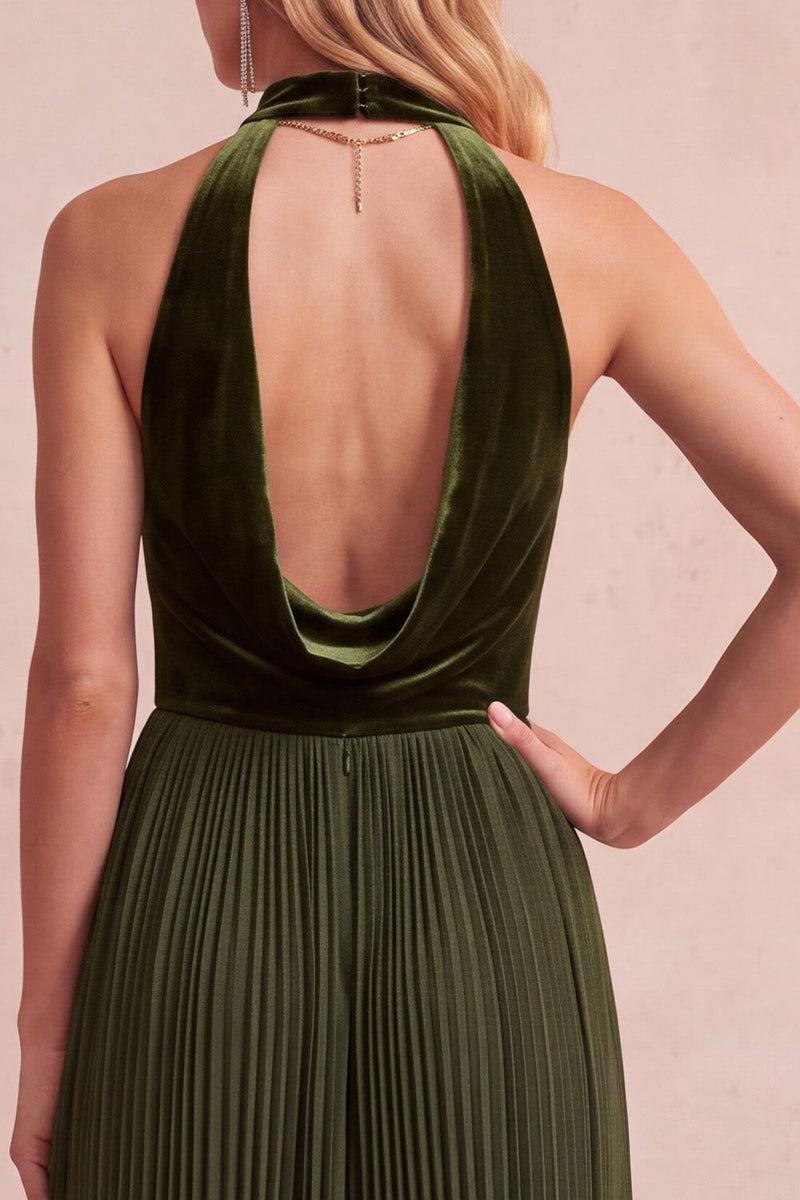 Laden Sie das Bild in den Galerie-Viewer, Schwarzes A-Linie Samt Halter Plissiertes Midi Weihnachtspartykleid mit Taschen