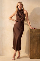 Laden Sie das Bild in den Galerie-Viewer, Schokolade Meerjungfrauen Cowl-Hals Satin Midi Hochzeitsgastkleid