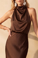 Laden Sie das Bild in den Galerie-Viewer, Schokolade Meerjungfrauen Cowl-Hals Satin Midi Hochzeitsgastkleid