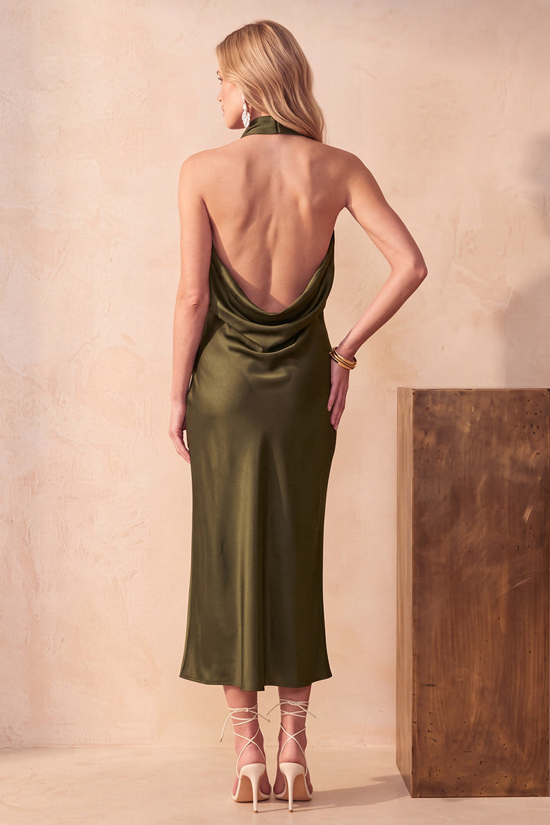 Laden Sie das Bild in den Galerie-Viewer, Schokolade Meerjungfrauen Cowl-Hals Satin Midi Hochzeitsgastkleid