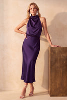 Laden Sie das Bild in den Galerie-Viewer, Schokolade Meerjungfrauen Cowl-Hals Satin Midi Hochzeitsgastkleid