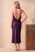 Laden Sie das Bild in den Galerie-Viewer, Schokolade Meerjungfrauen Cowl-Hals Satin Midi Hochzeitsgastkleid