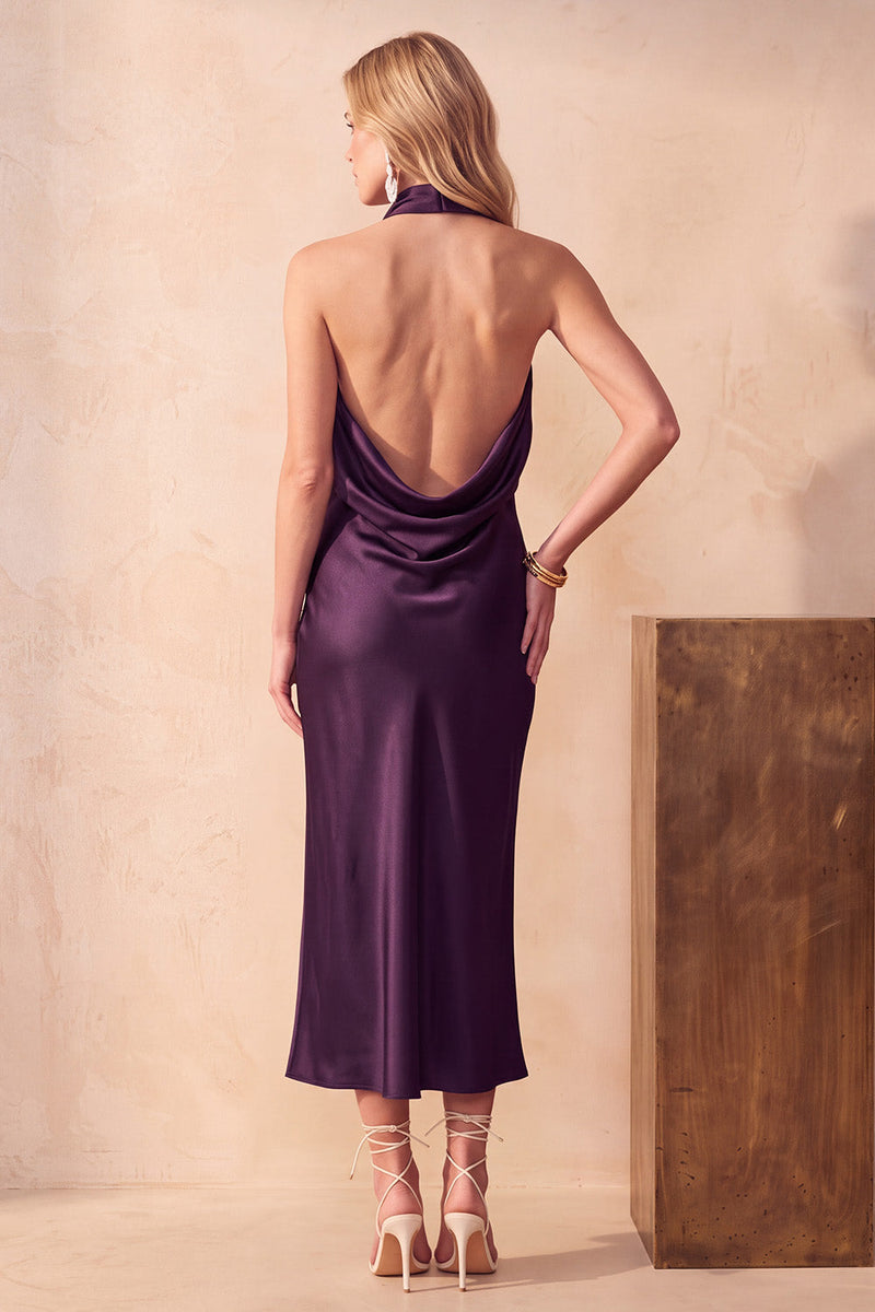Laden Sie das Bild in den Galerie-Viewer, Schokolade Meerjungfrauen Cowl-Hals Satin Midi Hochzeitsgastkleid