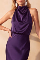 Laden Sie das Bild in den Galerie-Viewer, Schokolade Meerjungfrauen Cowl-Hals Satin Midi Hochzeitsgastkleid