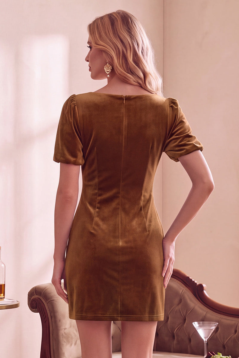 Laden Sie das Bild in den Galerie-Viewer, Dunkelgrünes Samt Bodycon V-Ausschnitt Puff Kurzärmel Kurzes Weihnachtspartykleid mit Schleife
