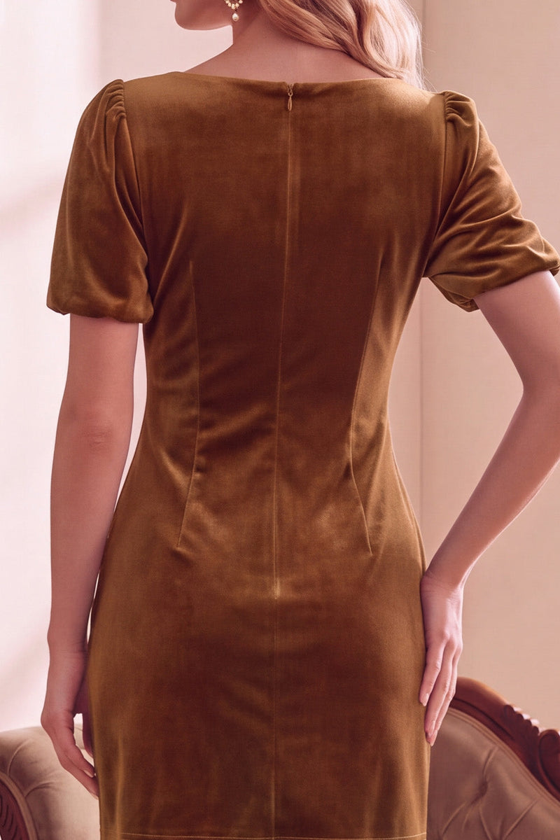 Laden Sie das Bild in den Galerie-Viewer, Dunkelgrünes Samt Bodycon V-Ausschnitt Puff Kurzärmel Kurzes Weihnachtspartykleid mit Schleife