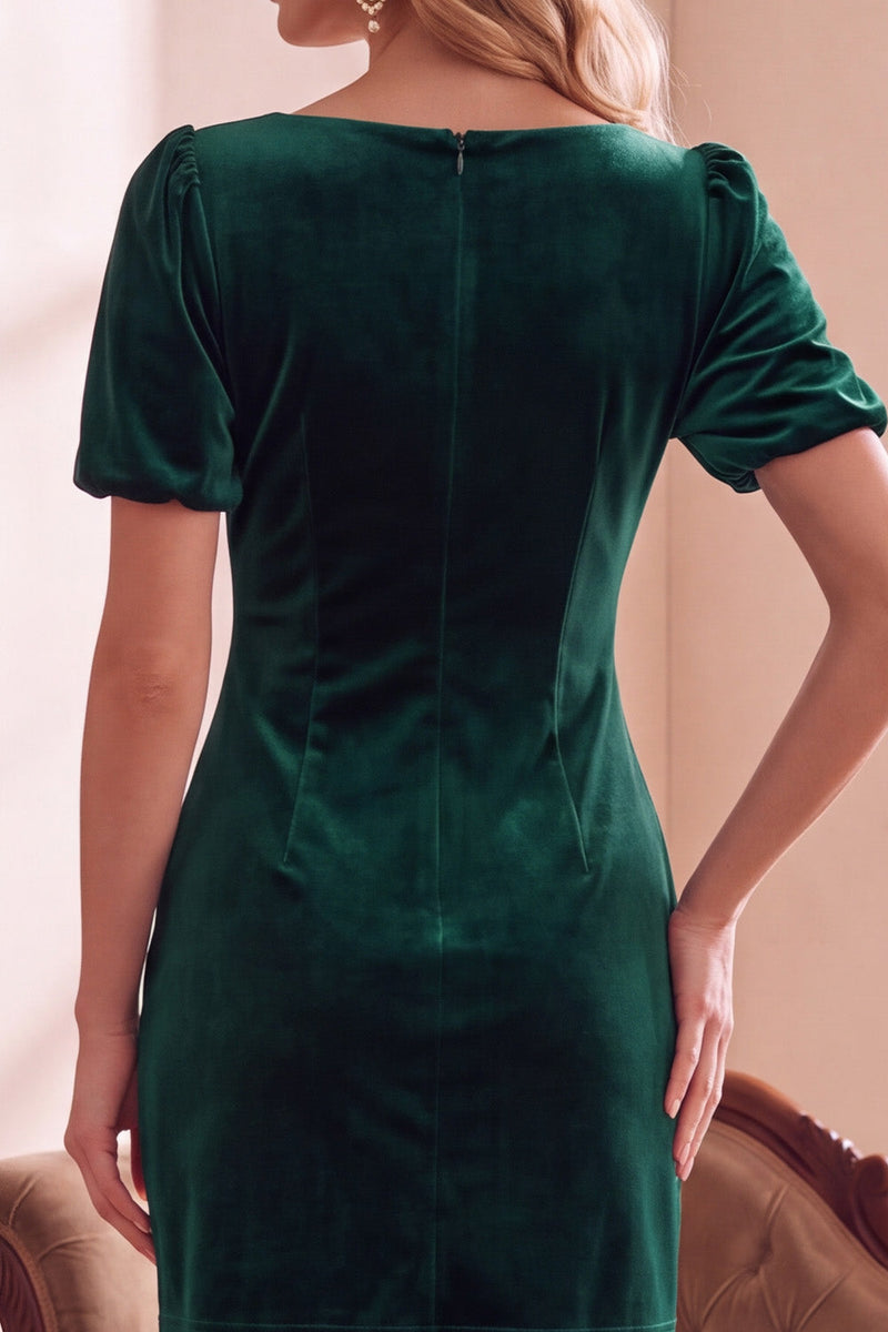 Laden Sie das Bild in den Galerie-Viewer, Dunkelgrünes Samt Bodycon V-Ausschnitt Puff Kurzärmel Kurzes Weihnachtspartykleid mit Schleife