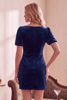 Laden Sie das Bild in den Galerie-Viewer, Dunkelgrünes Samt Bodycon V-Ausschnitt Puff Kurzärmel Kurzes Weihnachtspartykleid mit Schleife