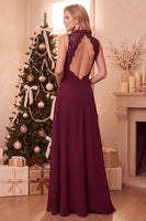 Laden Sie das Bild in den Galerie-Viewer, Burgunderrotes A-Linie Spitzen Chiffon Langes Hochzeitsgastkleid mit hohem Ausschnitt