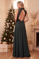 Laden Sie das Bild in den Galerie-Viewer, Burgunderrotes A-Linie Spitzen Chiffon Langes Hochzeitsgastkleid mit hohem Ausschnitt