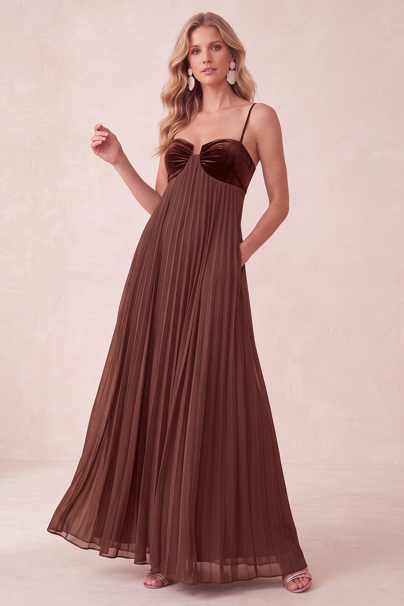 Laden Sie das Bild in den Galerie-Viewer, Kaffee A-Line Sweetheart Plissiertes Maxikleid mit Taschen