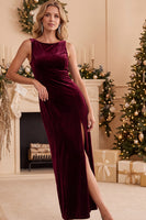 Laden Sie das Bild in den Galerie-Viewer, Burgunderrotes Samt Scheiden Bateau-Hals Spitzen Langes Weihnachtsfeier Kleid und Schlitz