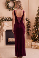 Laden Sie das Bild in den Galerie-Viewer, Burgunderrotes Samt Scheiden Bateau-Hals Spitzen Langes Weihnachtsfeier Kleid und Schlitz