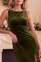 Laden Sie das Bild in den Galerie-Viewer, Burgunderrotes Samt Scheiden Bateau-Hals Spitzen Langes Weihnachtsfeier Kleid und Schlitz