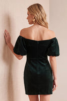 Laden Sie das Bild in den Galerie-Viewer, Burgundrotes Samt Bodycon Schulterfreies Puffärmel Kurzes Weihnachtspartykleid mit Schleife