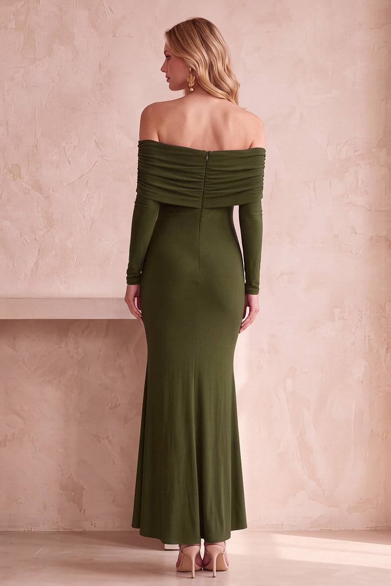 Laden Sie das Bild in den Galerie-Viewer, Dunkelblaues Meerjungfrauen Schulterloses Gerafftes Langärmeliges Hochzeitsgastkleid