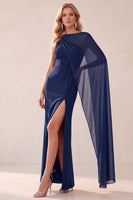 Laden Sie das Bild in den Galerie-Viewer, Kaffee Scheide Chiffon Ein schulter Langes Hochzeitsgastkleid mit Umhang