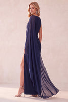 Laden Sie das Bild in den Galerie-Viewer, Kaffee Scheide Chiffon Ein schulter Langes Hochzeitsgastkleid mit Umhang