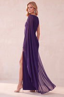 Laden Sie das Bild in den Galerie-Viewer, Kaffee Scheide Chiffon Ein schulter Langes Hochzeitsgastkleid mit Umhang