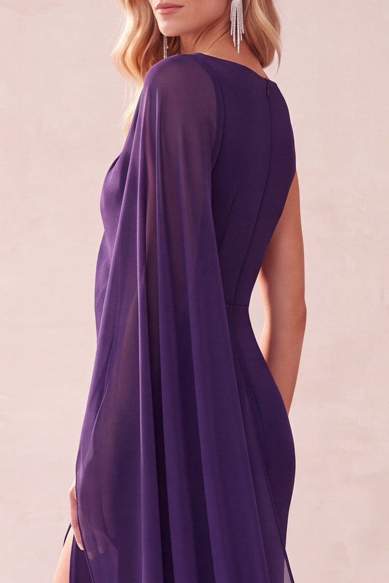 Laden Sie das Bild in den Galerie-Viewer, Kaffee Scheide Chiffon Ein schulter Langes Hochzeitsgastkleid mit Umhang
