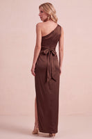 Laden Sie das Bild in den Galerie-Viewer, Olive Satin Scheide Eine Schulter Gerafftes Langes Hochzeitsgastkleid mit Schärpe