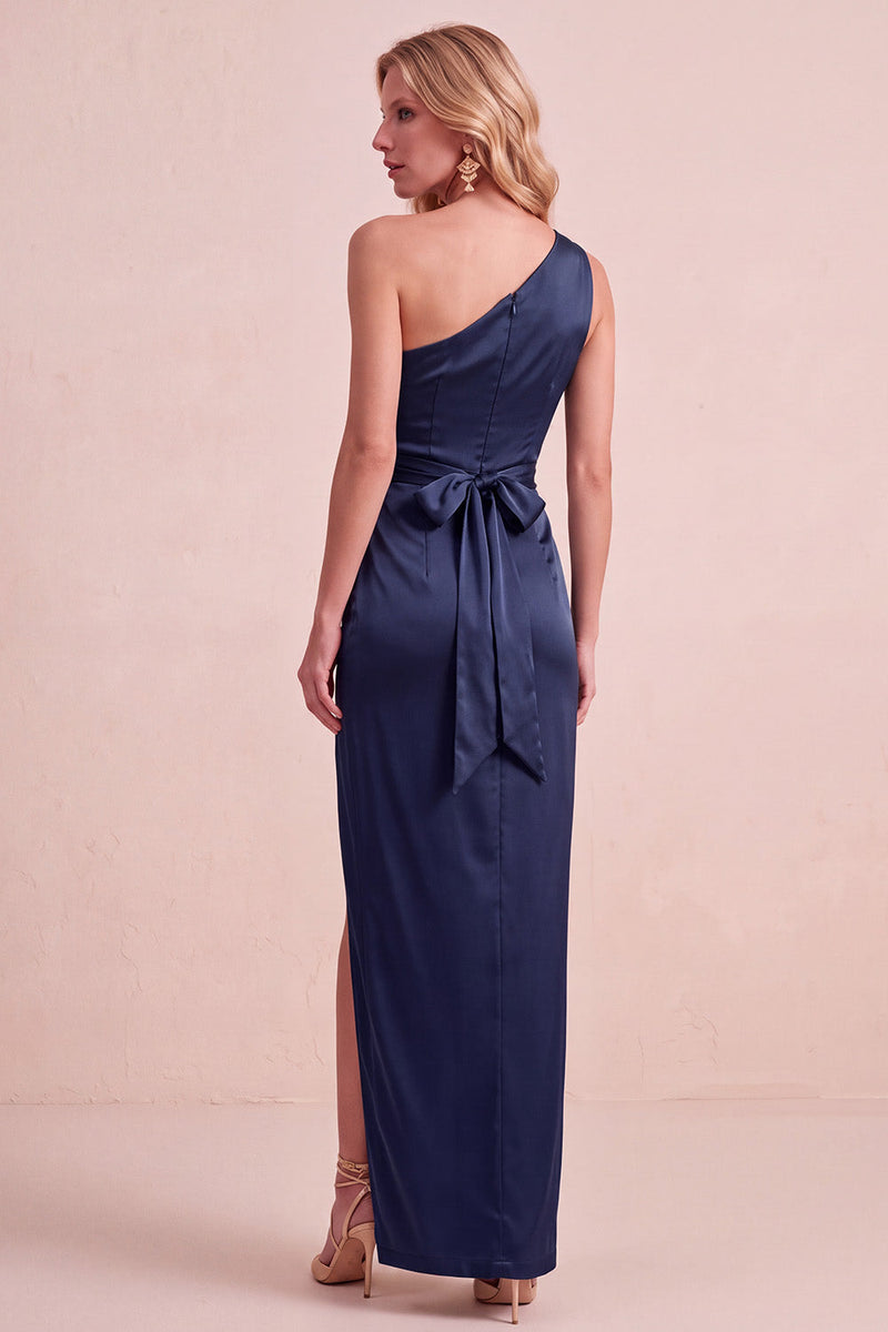 Laden Sie das Bild in den Galerie-Viewer, Olive Satin Scheide Eine Schulter Gerafftes Langes Hochzeitsgastkleid mit Schärpe