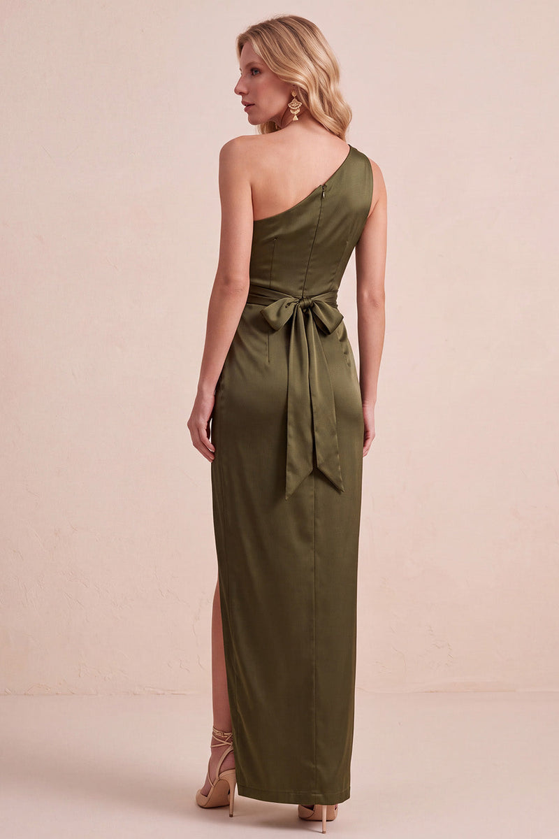 Laden Sie das Bild in den Galerie-Viewer, Olive Satin Scheide Eine Schulter Gerafftes Langes Hochzeitsgastkleid mit Schärpe