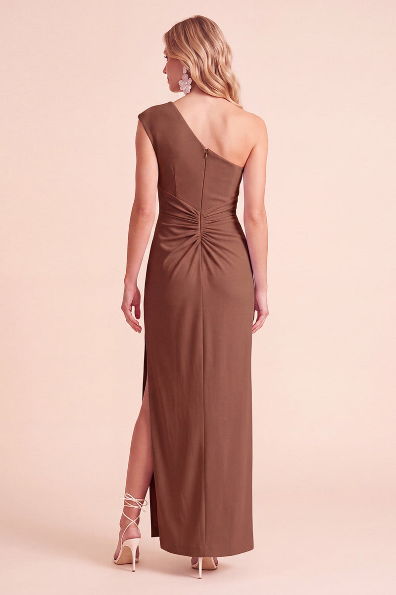 Laden Sie das Bild in den Galerie-Viewer, Kaffee Scheide Gerafftes Maxi-Hochzeitsgastkleid mit einer Schulter und Schlitz