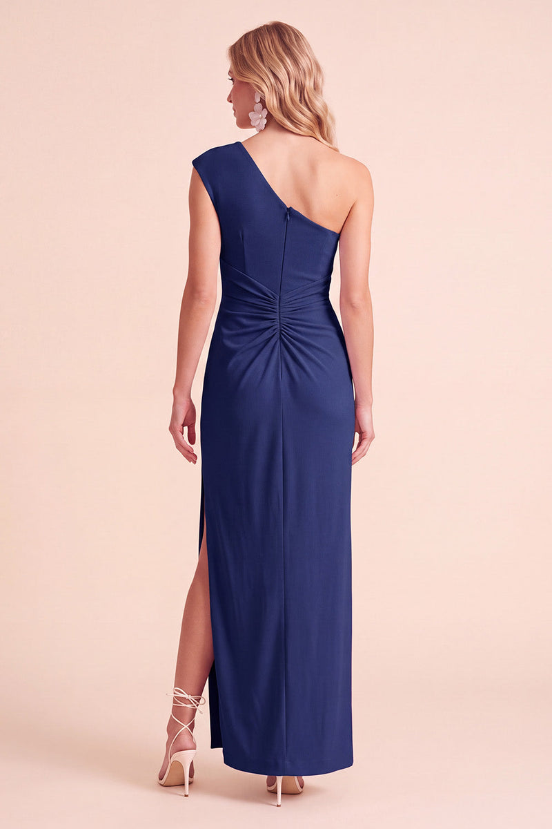 Laden Sie das Bild in den Galerie-Viewer, Kaffee Scheide Gerafftes Maxi-Hochzeitsgastkleid mit einer Schulter und Schlitz