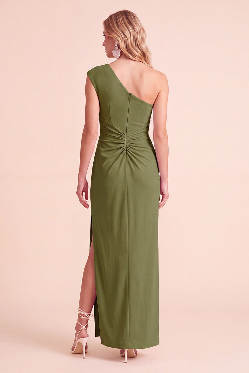 Laden Sie das Bild in den Galerie-Viewer, Kaffee Scheide Gerafftes Maxi-Hochzeitsgastkleid mit einer Schulter und Schlitz