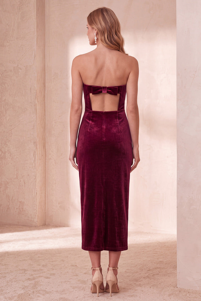 Laden Sie das Bild in den Galerie-Viewer, Burgunderrotes Samt Bodycon Trägerloses Midi Weihnachtskleid mit Schleife