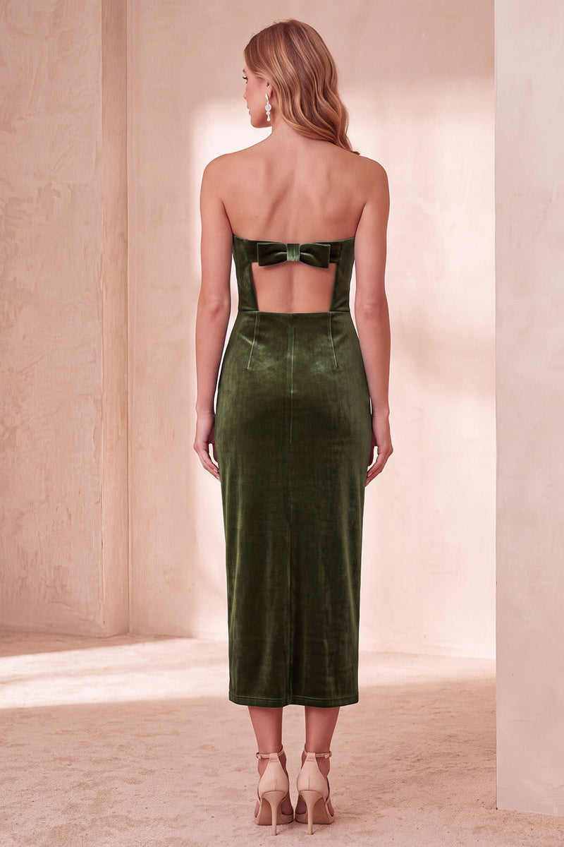 Laden Sie das Bild in den Galerie-Viewer, Burgunderrotes Samt Bodycon Trägerloses Midi Weihnachtskleid mit Schleife