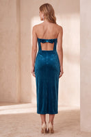 Laden Sie das Bild in den Galerie-Viewer, Burgunderrotes Samt Bodycon Trägerloses Midi Weihnachtskleid mit Schleife