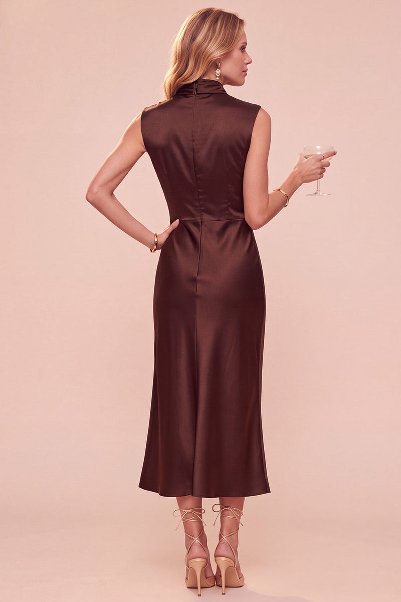 Laden Sie das Bild in den Galerie-Viewer, Kaffee Sheath Cowl-Hals ärmelloses Midi-Kleid mit Spitze