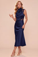 Laden Sie das Bild in den Galerie-Viewer, Kaffee Sheath Cowl-Hals ärmelloses Midi-Kleid mit Spitze
