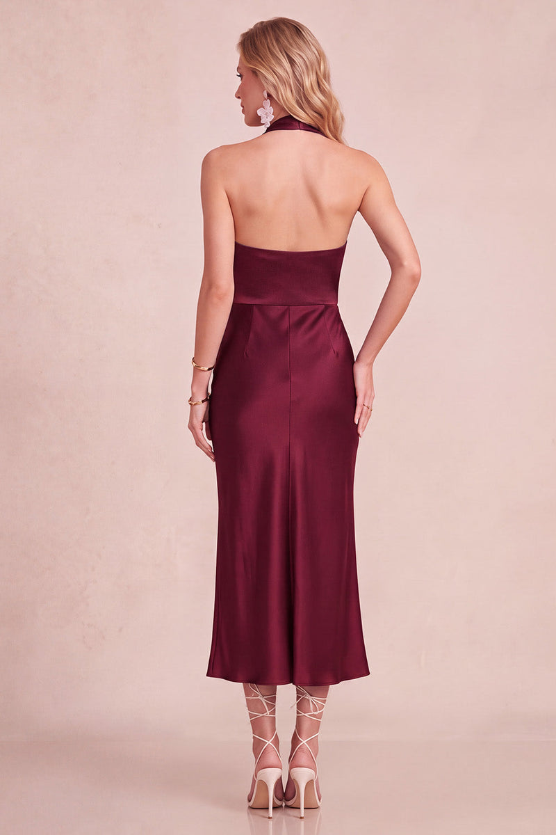 Laden Sie das Bild in den Galerie-Viewer, Burgunderrotes Sheath Cowl Neckholder Satin Midi Hochzeitsgastkleid mit Spitze