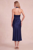 Laden Sie das Bild in den Galerie-Viewer, Burgunderrotes Sheath Cowl Neckholder Satin Midi Hochzeitsgastkleid mit Spitze