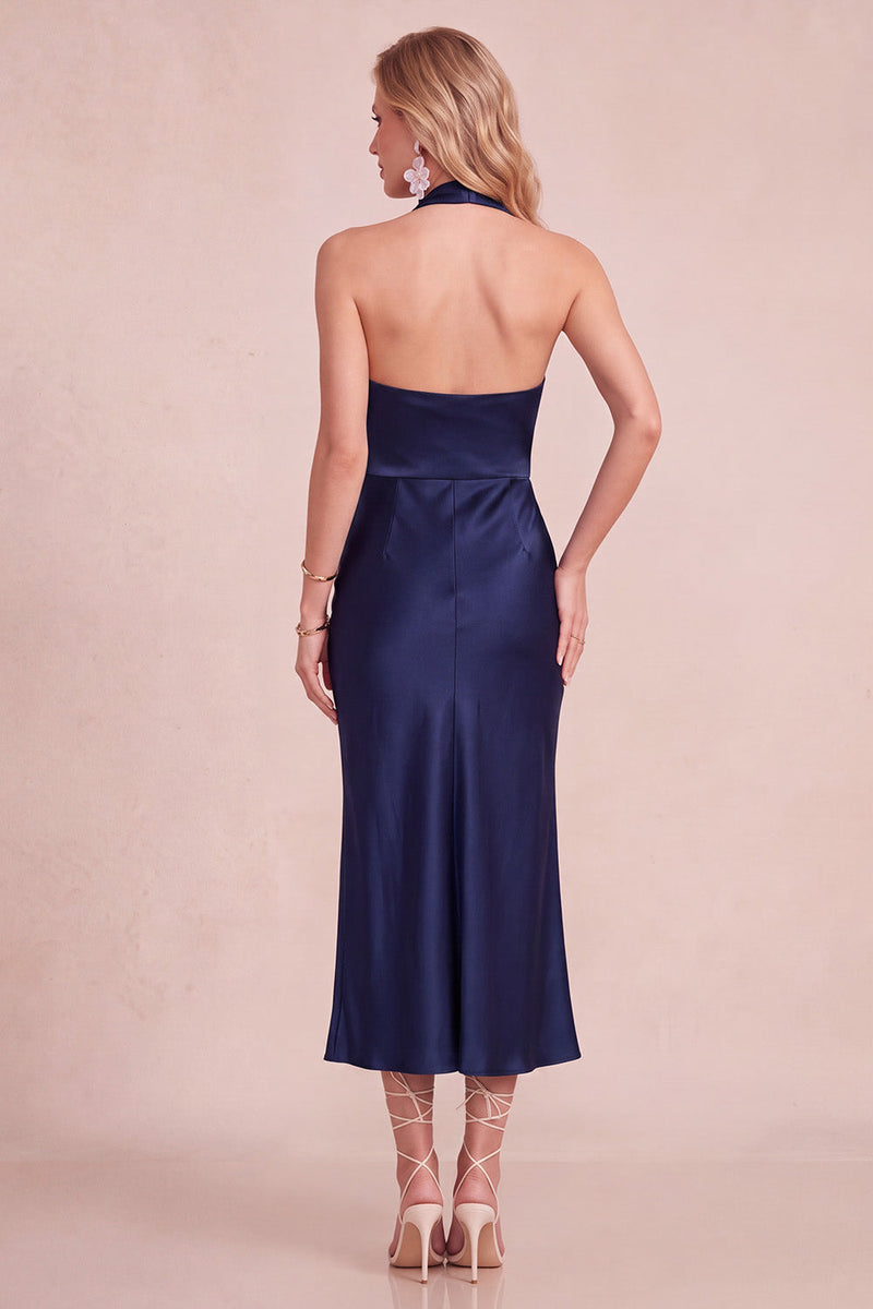 Laden Sie das Bild in den Galerie-Viewer, Burgunderrotes Sheath Cowl Neckholder Satin Midi Hochzeitsgastkleid mit Spitze