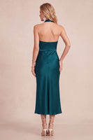 Laden Sie das Bild in den Galerie-Viewer, Burgunderrotes Sheath Cowl Neckholder Satin Midi Hochzeitsgastkleid mit Spitze