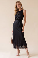 Laden Sie das Bild in den Galerie-Viewer, Schwarzes Rundhals Satin Midi Hochzeitsgastkleid mit Spitze
