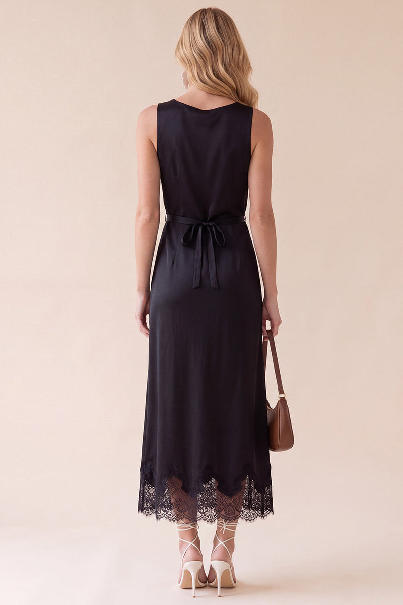 Laden Sie das Bild in den Galerie-Viewer, Schwarzes Rundhals Satin Midi Hochzeitsgastkleid mit Spitze