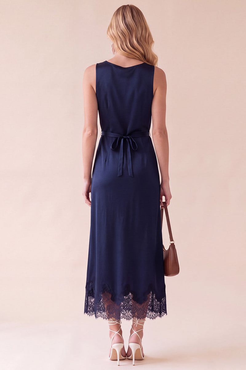 Laden Sie das Bild in den Galerie-Viewer, Schwarzes Rundhals Satin Midi Hochzeitsgastkleid mit Spitze
