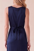 Laden Sie das Bild in den Galerie-Viewer, Schwarzes Rundhals Satin Midi Hochzeitsgastkleid mit Spitze